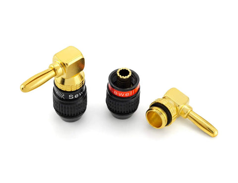Right Angle Banana Plugs, 6 Pairs Gold Plated Speaker Plugs, 90 Degree Quick Connect on white surface