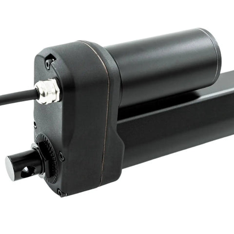 Close-up of Tough As Nails Linear Actuator For Solar Trackers With IP65 Weatherproof Housing and electric motor detail.