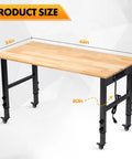 Heavy Duty 48 Inch Height Adjustable Workbench With Wheels And Socket 2000 Lbs Load Capacity Rubber Wood Top shown with dimensions.