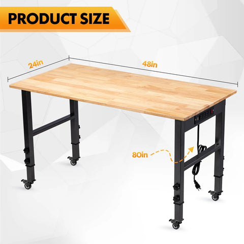 Heavy Duty 48 Inch Height Adjustable Workbench With Wheels And Socket 2000 Lbs Load Capacity Rubber Wood Top shown with dimensions.