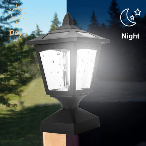 Outdoor Post Lights Two Pack No Fuss Install Lamp Post Cap Lights for wood fence post, daytime and nighttime view