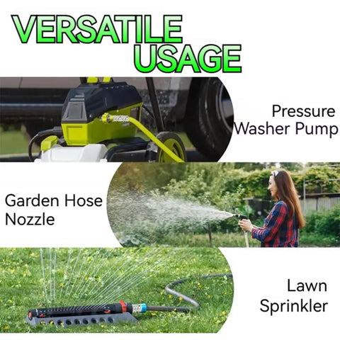 Collage showing pressure washer pump, woman using garden hose nozzle, and lawn sprinkler with text "Versatile Usage."