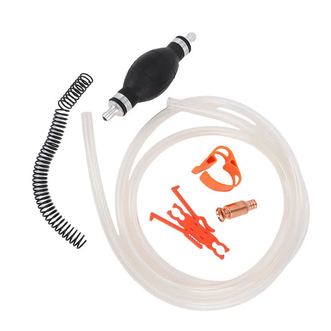 Mingzhe Quick Action Manual Fuel Transfer Pump components including PVC hose, bulb, clips, and fittings for fluid transfer.