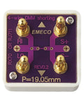 Top view of 4 Wire DMM Short Socket Verification Tool With Gold Plated Banana Connectors On Acrylic Cube and PCB Assembly