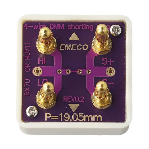 Top view of 4 Wire DMM Short Socket Verification Tool With Gold Plated Banana Connectors On Acrylic Cube and PCB Assembly