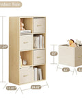 8 Cube Storage Organizer With Solid Wood Frame And Four Fabric Bins, Dope Cube Shelf dimensions shown, includes fabric bin close-up