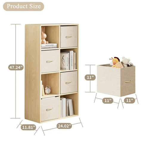 8 Cube Storage Organizer With Solid Wood Frame And Four Fabric Bins, Dope Cube Shelf dimensions shown, includes fabric bin close-up