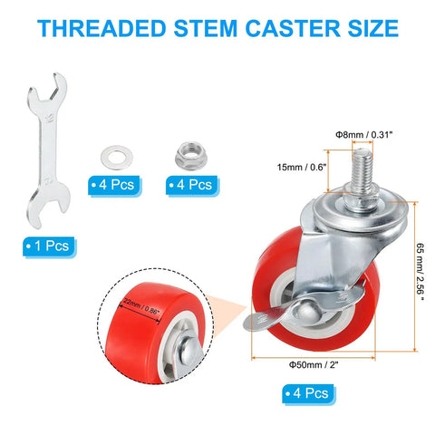 2 Inch Swivel Caster Wheels With Brakes Set Of 4 For Furniture Chairs Heavy Duty 264 Lb Total Load M8 X 15mm Threaded Stem PVC Castors With Nuts Gaskets Wrench Red