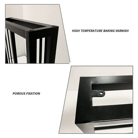 Close-up of Top Shelf Iron Table Legs With Bolt On Flange, Black Coated Steel Base, showing high temperature baking varnish finish.