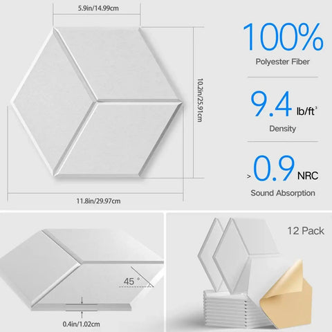 Twelve Pack Hexagonal Foam Soundproof Wall Panels Boost Your Home Theater Or Recording Studio With Sleek Design Block Echo For A Smooth Vibe And Crystal Clear Audio Game Changer Daily, dimensions and material details displayed.