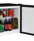 Compact Upright Freezer With 1.1 Cu Ft Capacity And Brushed Silver Exterior featuring open door with beverages inside.