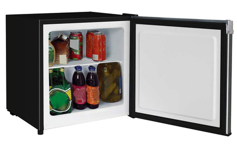 Compact Upright Freezer With 1.1 Cu Ft Capacity And Brushed Silver Exterior featuring open door with beverages inside.