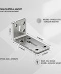 Image of Heavy-Duty Stainless Steel L Bracket for Cabinet and Shelf Repair, 3.3 x 2.2 Inch Angle Brace showing dimensions and features.
