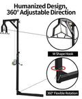 Hitch Mounted Deer Hoist With Gambrel Winch, 500 Lb Capacity, Adjustable Height And 360 Degree Swivel, Beefy Truck Bed Game Hoist For Hunting And Hanging Gear, black steel hitch hoist with W-hook and swivel detail