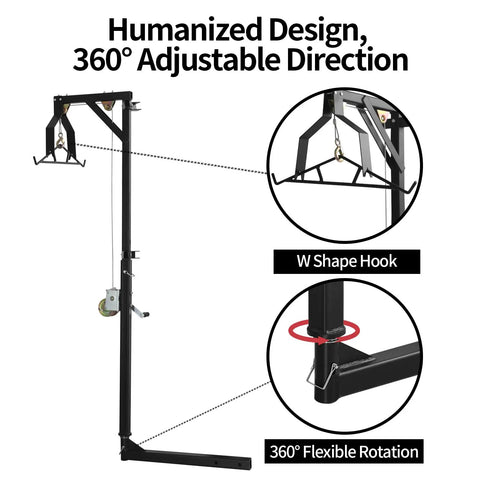 Hitch Mounted Deer Hoist With Gambrel Winch, 500 Lb Capacity, Adjustable Height And 360 Degree Swivel, Beefy Truck Bed Game Hoist For Hunting And Hanging Gear, black steel hitch hoist with W-hook and swivel detail