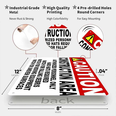 Aluminum Construction Area Sign 8x12in Authorized Personnel Only Hard Hats Required, weatherproof and rustproof details shown.