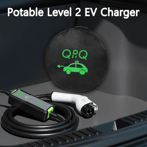 Portable Level One And Two EV Charger With 16 Amp Muscle And A Tough 21 Foot Cord Made For Every J1772 Electric Model Just Plug And Play Into Any Wall Outlet For Low Stress Fast Charging That Slaps Some Range In Your Car Effortlessly, includes cable and adapter.