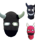 Knitted Full Face Ski Mask Balaclava For Winter Outdoor Gear with horns, cozy polyester wool face cover for skiing, camping, and Halloween.