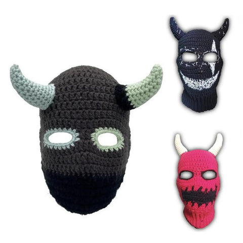 Knitted Full Face Ski Mask Balaclava For Winter Outdoor Gear with horns, cozy polyester wool face cover for skiing, camping, and Halloween.