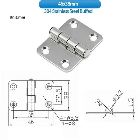 Heavy Duty Stainless Steel Hinge Distribution Box for Cabinet Doors with diagram, 304 brushed finish, 46x38mm size.