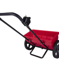 Red 75Lb Drop Spreader for Lawn Care With 22 Inch Coverage, showing adjustable flow mechanism and sturdy wheels.