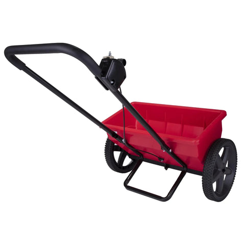 Red 75Lb Drop Spreader for Lawn Care With 22 Inch Coverage, showing adjustable flow mechanism and sturdy wheels.