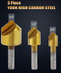Pro Grade Countersink Drill Bit Set 3 Pack With Single Flute 90 Degree Chamfer Bits For Precise Chamfering And End Milling Titanium Coated High Carbon Steel Extra Sharp And Durable Includes 3/8 1/2 3/4 Inch Shanks displayed in sizes 3/8, 1/2, 3/4 inch