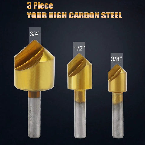 Pro Grade Countersink Drill Bit Set 3 Pack With Single Flute 90 Degree Chamfer Bits For Precise Chamfering And End Milling Titanium Coated High Carbon Steel Extra Sharp And Durable Includes 3/8 1/2 3/4 Inch Shanks displayed in sizes 3/8, 1/2, 3/4 inch