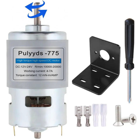 High Torque 12V-24V DC Motor Upgrade With Dual Ball Bearings for Quiet Power, shown with D Shaft Bracket and accessories
