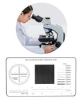 Scientist using microscope with Pro Grade Microscope Calibration Slide Kit With Reticle Micrometer And Calibration Grid.