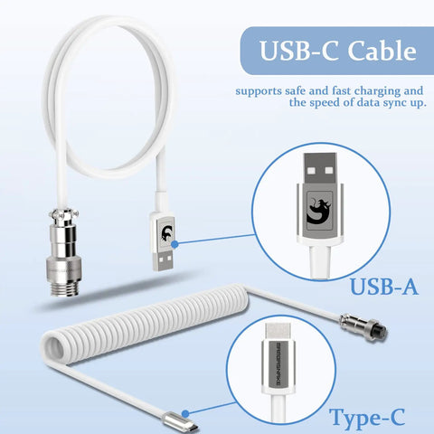 Pro Tier Coiled Gaming Keyboard Cable, USB Type C To USB A Mechanical Switch Spring Cord With Detachable Connector, Tangle Free TPU Shielding, Blazing Fast Sync And Slick Zero Drag For PC Gamers White