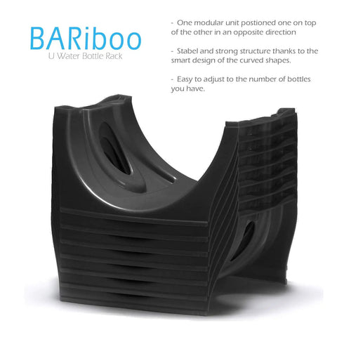 Stackable Water Bottle Storage Rack For 3 And 5 Gallon Jugs Built Tough Jug Holder For Kitchen Cabinet And Office Organizing Made From Reinforced Polypropylene Black Three Plus Shelf shown in close-up view