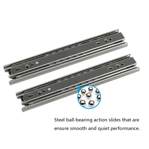 Heavy Duty 9 Inch Full Extension Ball Bearing Telescopic Drawer Slides Two Pair Cold Rolled Steel with ball bearings for smooth glide.