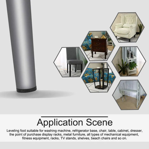 Application scene for Adjustable M8 Leveling Feet for Furniture Legs with images of furniture including chairs and cabinets.