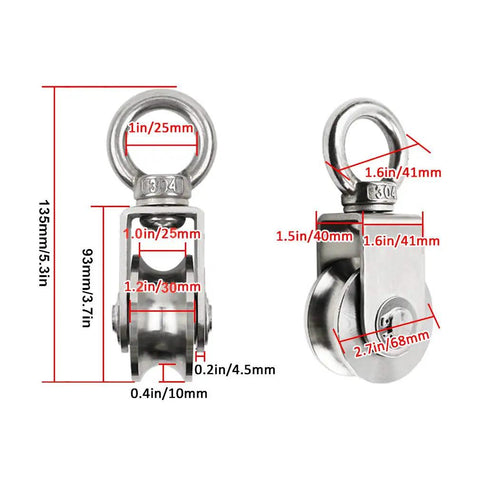 Two Pack Built Tough 304 Stainless Steel Track Pulleys With Rock Solid 360 Degree Swivel Rings dimensions and details.