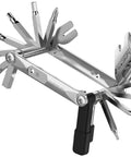 Open view of Go To All In One Bike Repair Tool With Tubeless Kit And Chain Breaker, heavy duty stainless steel, multiple hex and spoke wrenches.