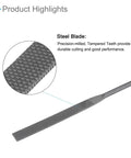 Heavy Duty Pneumatic Air Metal File Set Features Zero Point Two Inch Shank And Five Inch Reach For Smoothing Raw Steel, close-up of steel blade with textured surface.