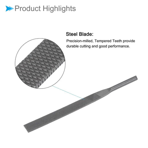 Heavy Duty Pneumatic Air Metal File Set Features Zero Point Two Inch Shank And Five Inch Reach For Smoothing Raw Steel, close-up of steel blade with textured surface.