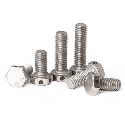 M12x35 304 stainless steel hex head bolts with holes, 4-pack, front view for safety wiring.