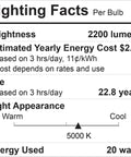 Lighting facts label for Ultra Bright LED BR30 Flood Light Bulbs 150 Watt Equivalent Daylight 2200 Lumens Dimmable Indoor Two Pack.