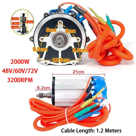 Beefy 3200 RPM 2000W Brushless DC Electric Tricycle Motor With Pure Copper Core And Aluminum Shell Dual Voltage 48V 60V 72V Low Noise Trike Drive For DIY Electric Tricycles And Quadricycles, front view with wiring