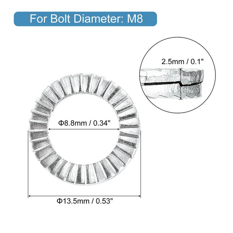 Premium Wedge Locking Washers For M8 Bolts 10 Pack 304 Stainless Steel, showing M8 diameter measurements and design details.