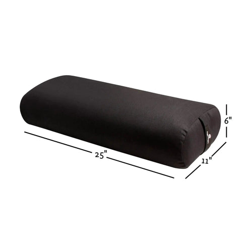 Beefy Rectangular Yoga Bolster For Deep Restorative Poses Ultra Firm Foam Core With Cotton Cover Handmade In The USA Black 25 In By 11 In By 5 In 5 Lb Restorative Pillow You Can Count On, angled view