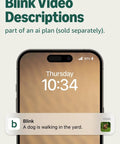 Smartphone screen displaying Blink Video Descriptions notification feature for home security monitoring, showcasing dog activity alert.