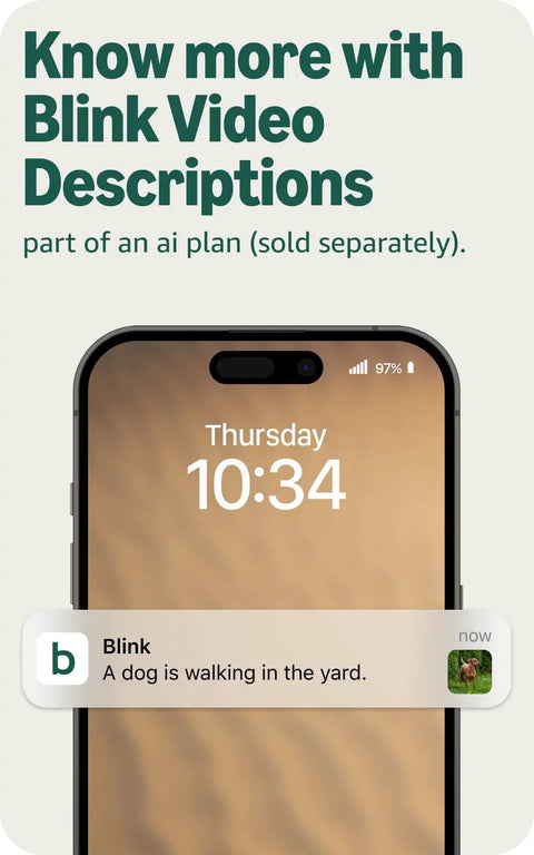 Smartphone screen displaying Blink Video Descriptions notification feature for home security monitoring, showcasing dog activity alert.