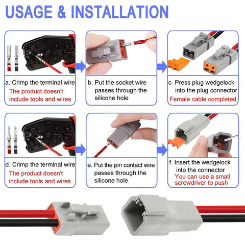 Installation steps for 2 Pin IP67 Waterproof Automotive Electrical Connector Kit with 3 Sets, 30 Amp, 12 To 10 AWG Wire.