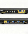HDMI KVM Switch Connect One Monitor To Four Computers With Crisp 4K 60Hz Video And USB 3.0 Hub Sharing Clean Desk Setup showing front and back view.