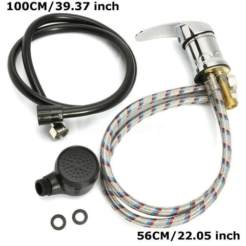 Hella Durable Zinc Alloy Salon Shampoo Bowl Faucet Kit With Hot And Cold Mixer Sprayer Hose Set showcasing black and metal hoses.