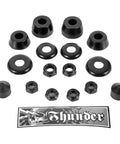 Beefed Up Rebuild Kit For Skateboard Trucks With Full Bushing And Washer Set, Pivot Cups, Axle Nuts And Kingpin Nuts For Two Trucks, Top And Bottom Bushings, Black Finish - Everything You Need To Bring Your Deck Back To Life. black skateboard truck rebuild kit with bushings, washers, pivot cups and nuts
