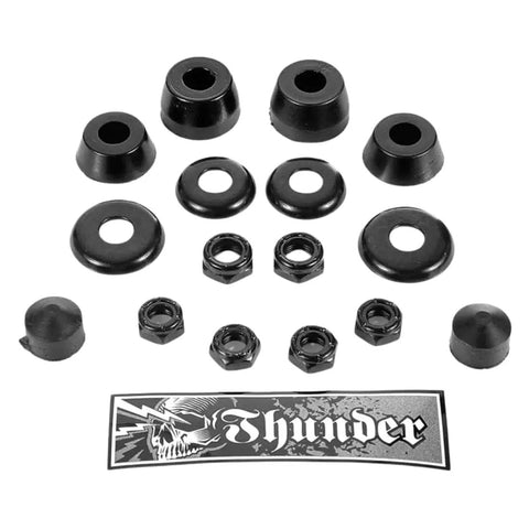 Beefed Up Rebuild Kit For Skateboard Trucks With Full Bushing And Washer Set, Pivot Cups, Axle Nuts And Kingpin Nuts For Two Trucks, Top And Bottom Bushings, Black Finish - Everything You Need To Bring Your Deck Back To Life. black skateboard truck rebuild kit with bushings, washers, pivot cups and nuts